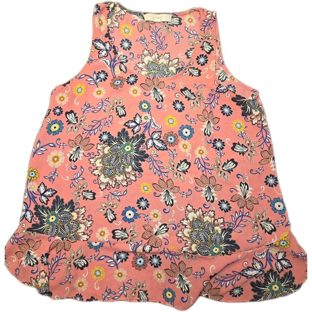 LOFT Tank Top Blouse Women's Medium Pink Floral Paisley Ruffle Sleeveless Boho